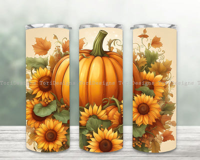 Halloween Tumbler Wrap Sunflowers with Pumpkins Tumbler Wrap Fall 20 oz Skinny Tumbler Sublimation Designs, Pumpkin and Sunflowers Tumbler Wrap Sublimation ToriDesigns 