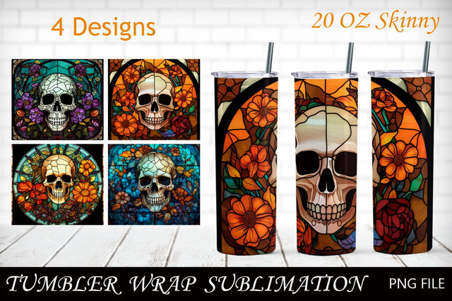 Halloween tumbler wrap with flower skull, 20 oz tumbler stained glass Sublimation AnastasiyaArtDesign 