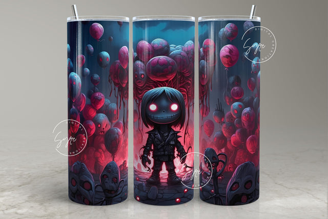 Halloween Tumbler, Zombie Boy with Balloons, Spooky Tumbler Wrap, 20 oz Skinny Tumbler, Seamless Sublimation PNG, Horror, Digital Download Sublimation Syre Digital Creations 