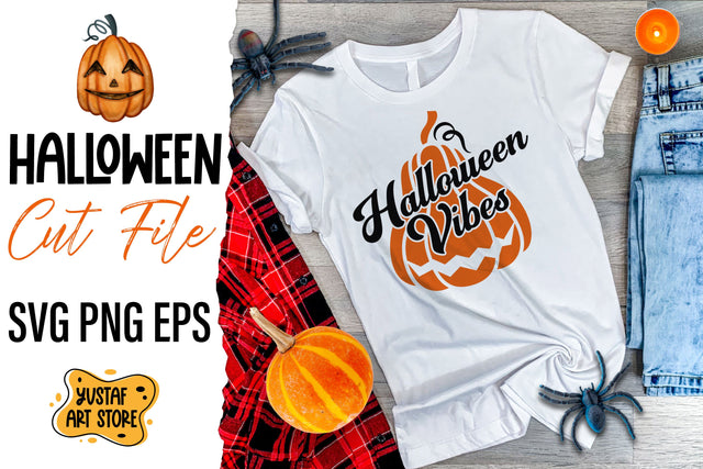 Halloween vibes. vintage text and creepy pumpkin SVG design SVG Yustaf Art Store 