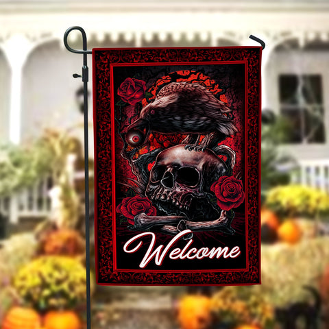 Halloween Welcome Skull Rose Garden Flag - 12x18 Garden Flag Sublimation Design Download PNG File Instant Download Sublimation CaldwellArt 