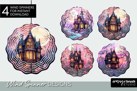 Halloween Wind Spinner Spooky House Stained Glass Style Sublimation OrangeBrushStudio 