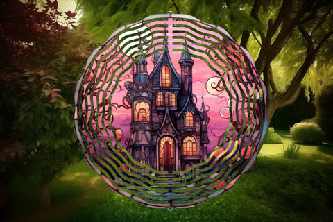 Halloween Wind Spinner Spooky House Stained Glass Style Sublimation OrangeBrushStudio 