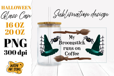 Halloween Witch Quote Glass Can.My broomstick runs on coffee Sublimation Yustaf Art Store 