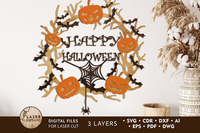 HALLOWEEN Wreath Multilayer Laser Cut Files, Mandala, Round Sign SVG, 3D Designs SVG LaserCutano 
