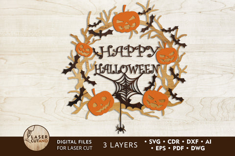 HALLOWEEN Wreath Multilayer Laser Cut Files, Mandala, Round Sign SVG, 3D Designs SVG LaserCutano 