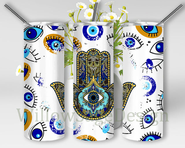 Hamsa Hand Design Tumbler, Evil Eye 20oz Skinny Tumbler, Turkish Eye Tumbler Png, Blue Mystical Eye Tumbler Template, Instant Download Sublimation WillowSageDesign 