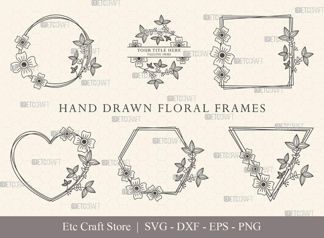Hand Drawn Circle Floral Frame SVG Cut Files | Flower Wreath SVG | Wedding Monogram SVG | Circle Frame | Floral Text Logo Frame | CFF0017 SVG ETC Craft 