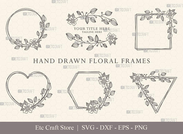 Hand Drawn Circle Floral Frame SVG Cut Files | Flower Wreath SVG | Wedding Monogram SVG | Circle Frame | Floral Text Logo Frame | CFF007 SVG ETC Craft 
