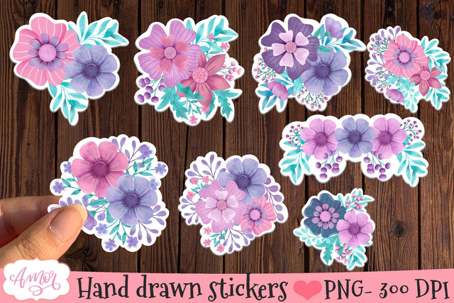 Hand drawn floral Stickers for Cricut Print and Cut, 8 PNG SVG Amorclipart 