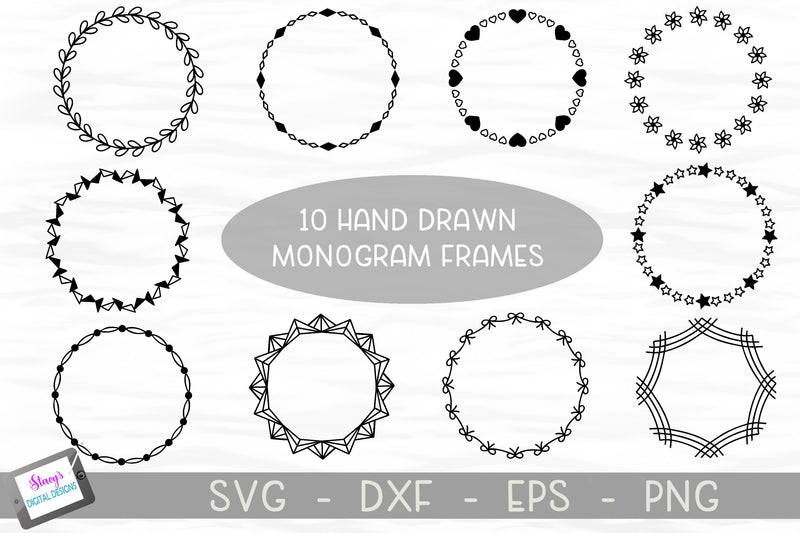 Hand Drawn Frame Bundle - 10 monogram frames / wreaths SVG Stacy's Digital Designs 