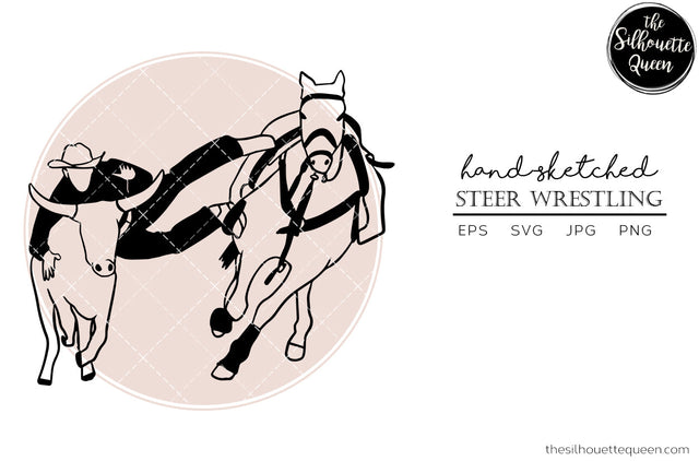 Hand drawn Rodeo Steer Wrestling clipart clip art, logo, cut files for Silhouette Cameo Studio, Cricut Design Space, Svg, Png, Vector Design SVG Loveleen Kaur 