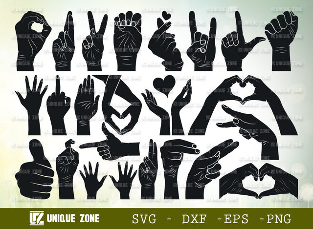 Hand Sign SVG Bundle, Hand Right Sign, Ok Sign Svg, Peace Hand Sign Svg, V sign Svg, Hand Symbol Svg, Rock Hand Symbol Svg, Hand Love Shape, SVG Unique Zone 