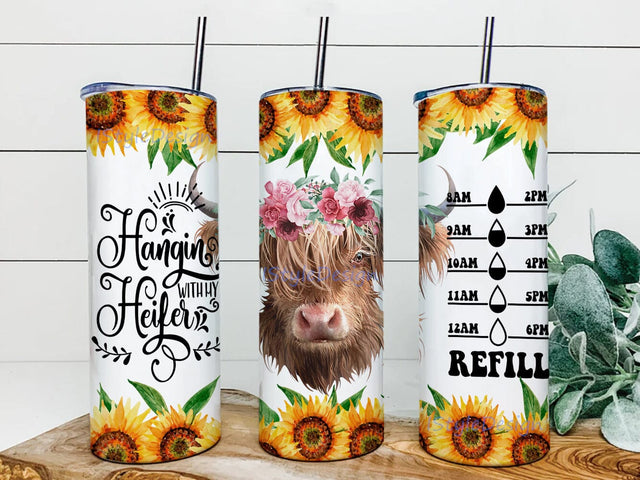 Hangin With My Heifer Tumbler Design, Cow Floral 20oz Tumbler Png, Highland Cow Design Png, Sunflower Tumbler Wrap, Water Tracker Tumbler Template, Instant Download Sublimation iStyleDesign 