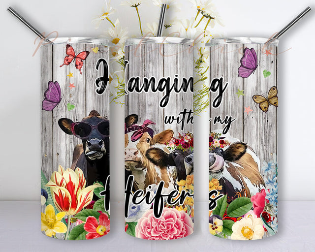 Hanging With My Heifers Design Png, Heifers Flower 20oz Skinny Tumbler, Cow Tumbler Design, Heifers Tumbler With Lid And Straw, Digital Download Sublimation PixelChick 
