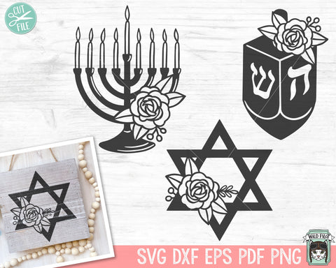 Hanukkah svg file, Chanukah svg file, Floral Hanukkah cut file, Flower Hanukkah svg, Dreidel svg, Menorah svg, Star of David svg, Jewish svg SVG Wild Pilot 