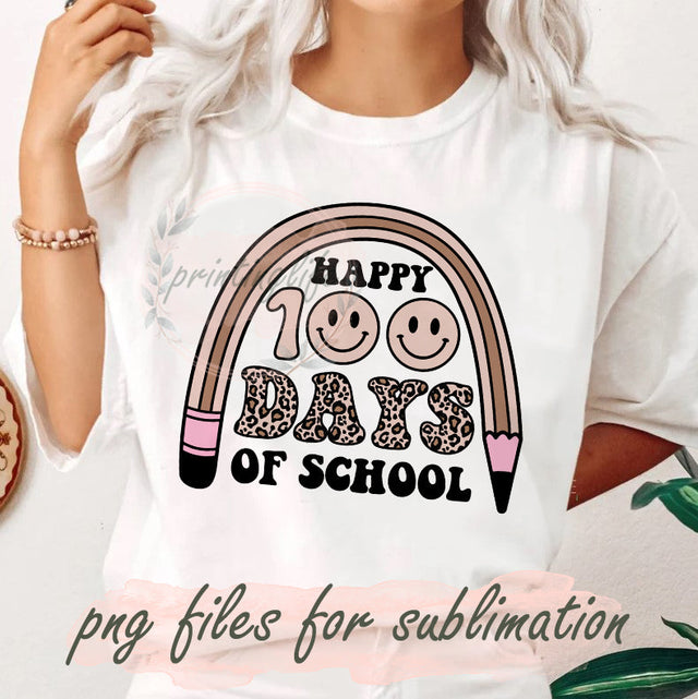 Happy 100 Day Of School Leopard Png, Happy Smiley Face Png, Back To Schoo Design Png, Pencil Png, School Design Png, Teacher Png, Instant Download Sublimation PrintingLife 