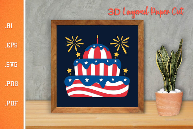 Happy 4th of July Cake- 3D Layered Paper Cut SVG SVG Slim Studio 