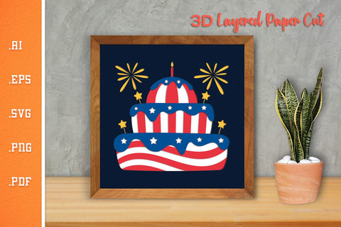 Happy 4th of July Cake- 3D Layered Paper Cut SVG SVG Slim Studio 