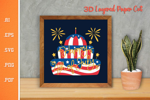 Happy 4th of July Cake- 3D Layered Paper Cut SVG SVG Slim Studio 