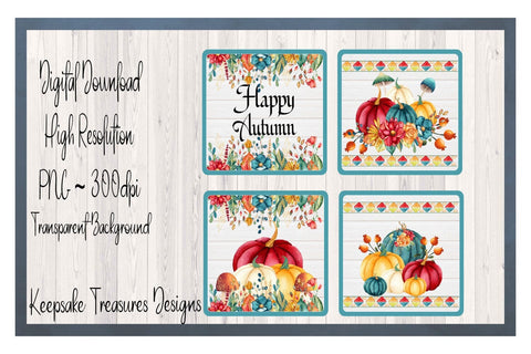 Happy Autumn Coaster Set, Sublimation Coaster Template, Fall Home Decor, Table Coasters, Sublimation PNG, Digital Download Printable PNG, Sublimation Keepsake Treasures Designs LLC. 