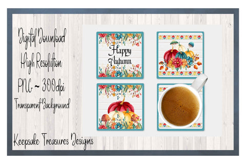 Happy Autumn Coaster Set, Sublimation Coaster Template, Fall Home Decor, Table Coasters, Sublimation PNG, Digital Download Printable PNG, Sublimation Keepsake Treasures Designs LLC. 