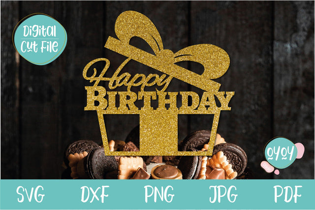 Happy Birthday Cake Topper svg with Gift and Ribbon SVG OyoyStudioDigitals 