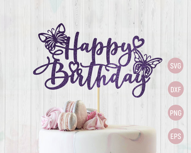Happy birthday cake topper with butterfly svg cut file, Cake decor svg SVG AnastasiyaArtDesign 