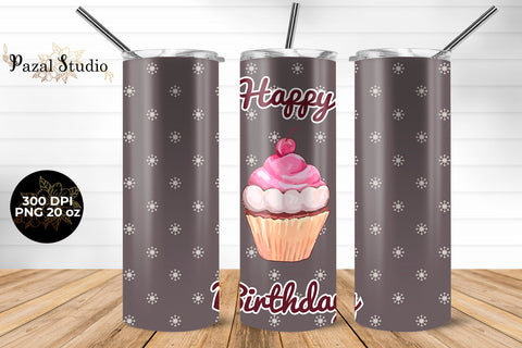 Happy Birthday Cupcake 20 oz Skinny Tumbler Wrap Sublimation Design Gray Sublimation Pazal Studio 