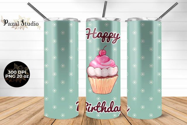 Happy Birthday Cupcake 20 oz Skinny Tumbler Wrap Sublimation Design Pastel Green Sublimation Pazal Studio 