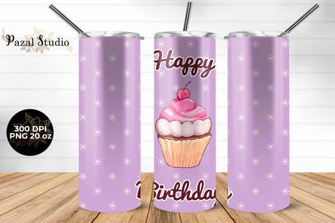 Happy Birthday Cupcake 20 oz Skinny Tumbler Wrap Sublimation Design Purple Sublimation Pazal Studio 