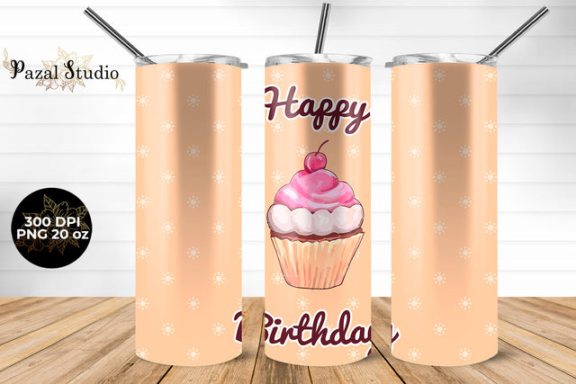 Happy Birthday Cupcake 20 oz Skinny Tumbler Wrap Sublimation Design Sublimation Pazal Studio 