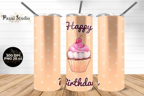 Happy Birthday Cupcake 20 oz Skinny Tumbler Wrap Sublimation Design Sublimation Pazal Studio 