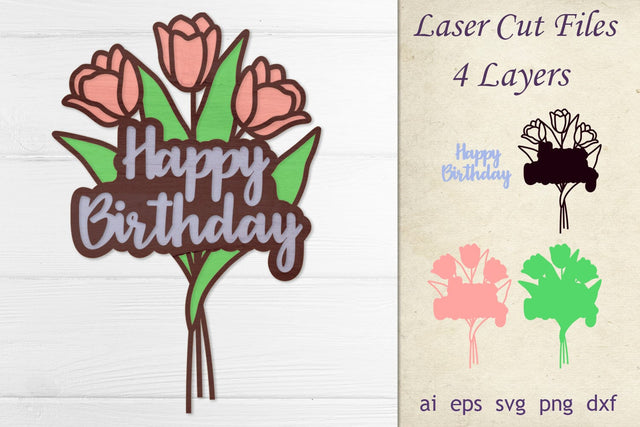 Happy Birthday flowers bouquet, 3d Layered Papercut cake topper svg 3D Paper AnastasiyaArtDesign 