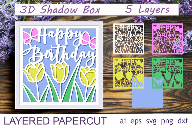 Happy birthday layered card with flowers, 3D Shadow box, Papercut svg template 3D Paper AnastasiyaArtDesign 