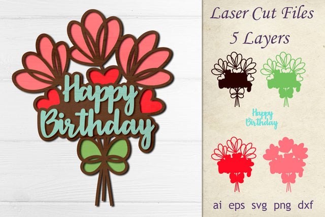 Happy birthday sign with flowers, 3d layered cake topper svg, Laser cut bouquet 3D Paper AnastasiyaArtDesign 