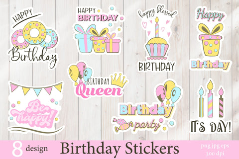 Happy Birthday Stickers PNG. Birthday Stickers Bundle SVG Olga Terlyanskaya 