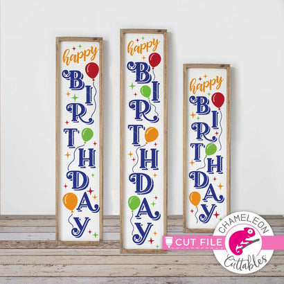 Happy Birthday with Balloons Porch Sign File - vertical SVG file for long door sign (3 sizes) SVG Chameleon Cuttables 