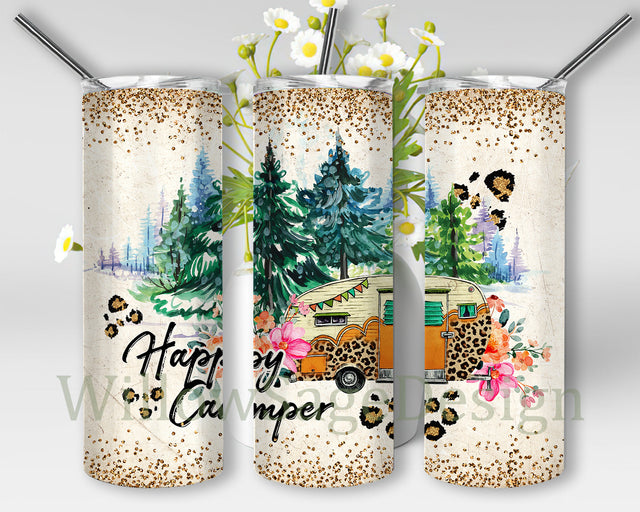 Happy Camper 20oz Skinny Tumbler, Camping Tumbler Png, Camping Glitter Tumbler Wrap, Camper Leopard Sublimation Design, Camper Gifts, Digital Download Sublimation WillowSageDesign 