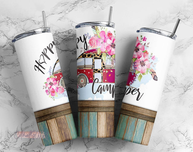 Happy Camper Floral 20oz Skinny Tumbler Sublimation Designs Tumbler Wrap PNG Sublimation CaldwellArt 