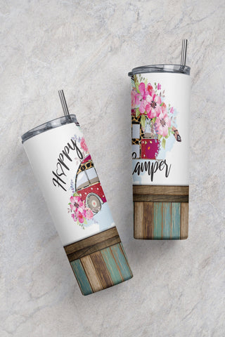 Happy Camper Floral 20oz Skinny Tumbler Sublimation Designs Tumbler Wrap PNG Sublimation CaldwellArt 