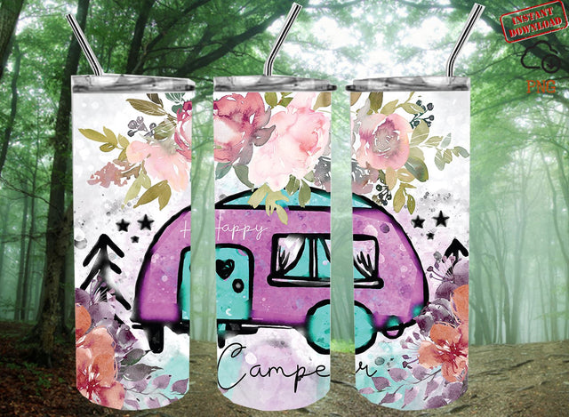 Happy Camper Full Wrap Tumbler Png, Sublimation Design 20oz Camping Lover Gift Skinny Tumbler Gift for Dad Mom SVG 1966digi 