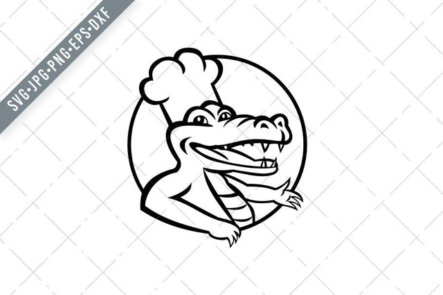 Happy Chef Alligator Gator or Crocodile Wearing Chef Hat Circle Mascot Retro Black and White SVG Patrimonio Designs Limited 
