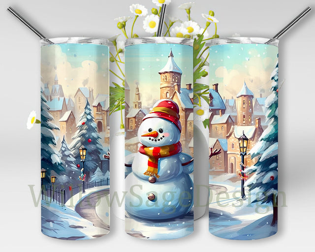 Happy Christmas 20oz Skinny Tumbler Png. Cute Cartoon Laughing Christmas Snowman With Winter Village On White Background Png, Cute Snowman Tumbler, Snowman Gifts Sublimation WillowSageDesign 