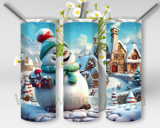 Happy Christmas 20oz Skinny Tumbler Png. Cute Cartoon Laughing Christmas Snowman With Winter Village On White Background Png, Cute Snowman Tumbler, Snowman Gifts Sublimation WillowSageDesign 