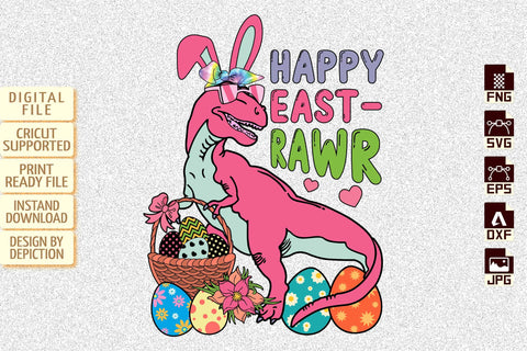 Happy East Rawr Dinosaur T-Shirt, Easter Day T-Rex Shirt, Easter Dinosaur Eggs Shirt, Easter Wicker Basket T-Shirt Print Template Sketch DESIGN Depiction Studio 