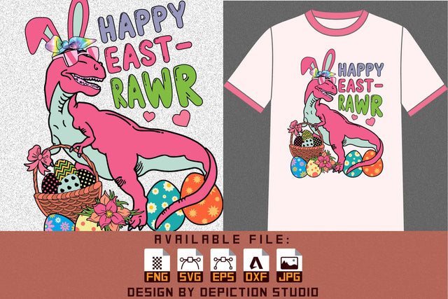 Happy East Rawr Dinosaur T-Shirt, Easter Day T-Rex Shirt, Easter Dinosaur Eggs Shirt, Easter Wicker Basket T-Shirt Print Template Sketch DESIGN Depiction Studio 