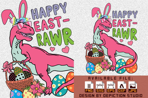 Happy East Rawr Dinosaur T-Shirt, Easter Day T-Rex Shirt, Easter Dinosaur Eggs Shirt, Easter Wicker Basket T-Shirt Print Template Sketch DESIGN Depiction Studio 