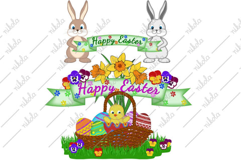Happy Easter Banner Sign Bundle Easter Bunny Chick PNG Sublimation nikola 