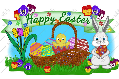 Happy Easter Banner Sign Bundle Easter Bunny Chick PNG Sublimation nikola 